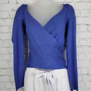 Pink Rose Size S Faux Wrap Front Ribbed Cropped Sweater